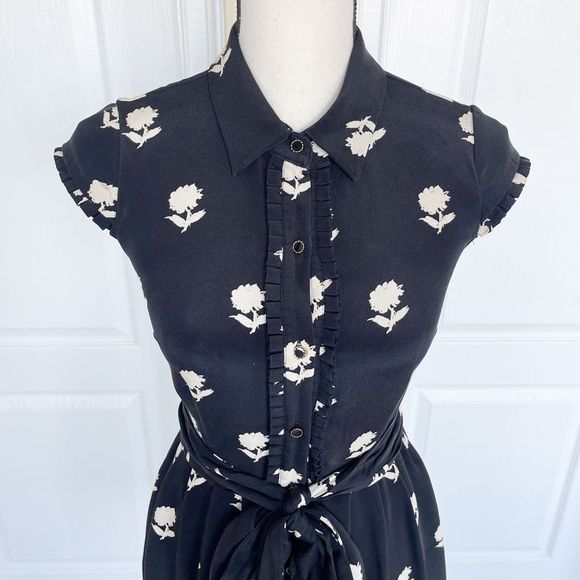 Kate Spade 100% Silk Size 0 Black White Contrast Floral Ruffled Belted Dress wit - Picture 3 of 11